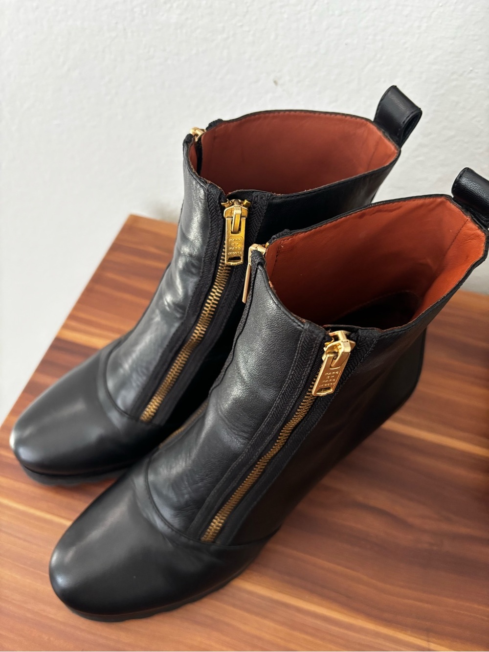 Marc by Marc Jacobs Black Leather Ankle Boots with Double Gold Front Zips
